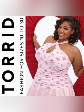 Torrid Pink Rose Floral Retro Chic Foxy Twist-Neck Halter Top, 1x, NWT!